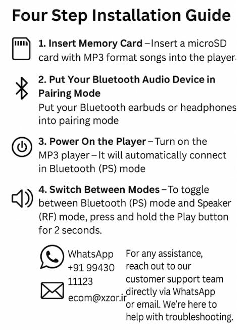 Xzor® Bluetooth Player - Built-in Speaker, Automatic Pairing MP3 Player - Black