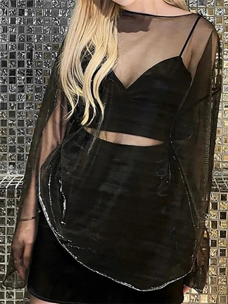 Women’s Solid See-Through T-Shirt – Y2K Aesthetic O-Neck Long Sleeve Tee