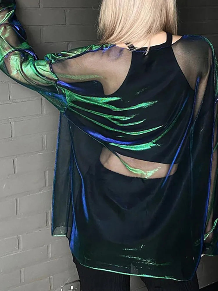Women’s Solid See-Through T-Shirt – Y2K Aesthetic O-Neck Long Sleeve Tee