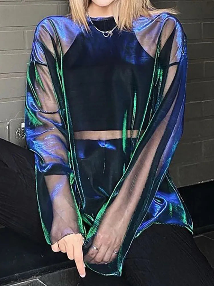 Women’s Solid See-Through T-Shirt – Y2K Aesthetic O-Neck Long Sleeve Tee