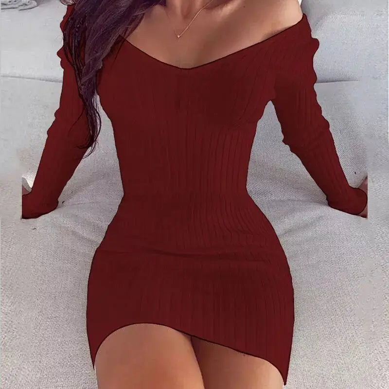 V-Neck Bodycon Dress – Off-Shoulder Long Sleeve Mini Dress for Women