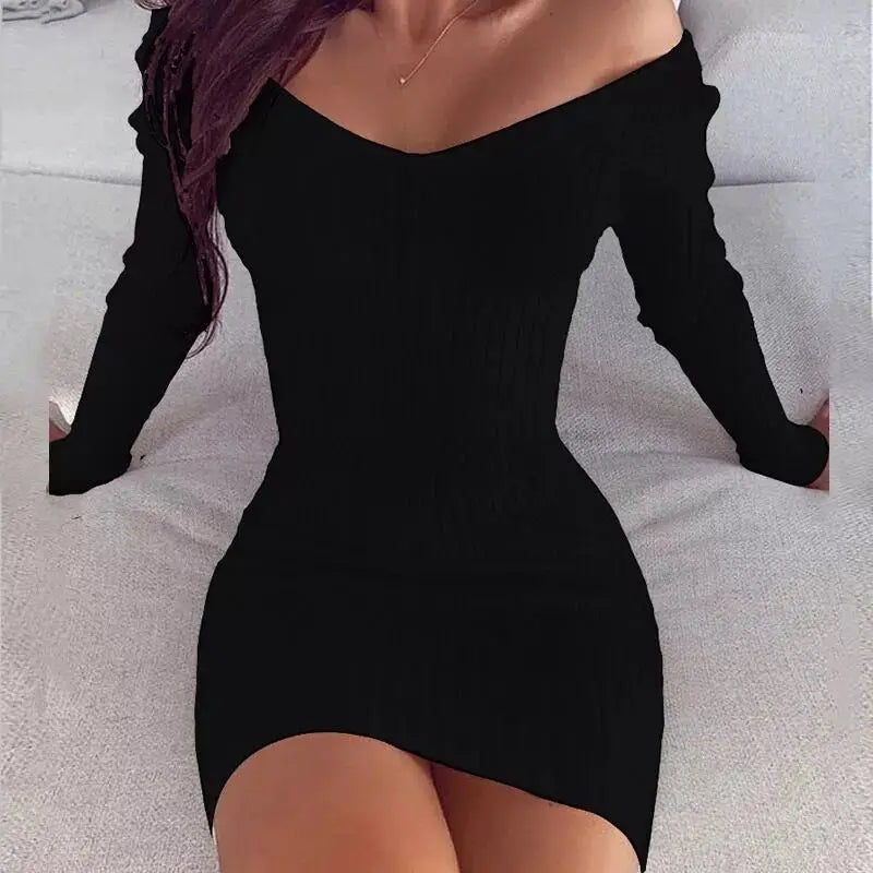 V-Neck Bodycon Dress – Off-Shoulder Long Sleeve Mini Dress for Women