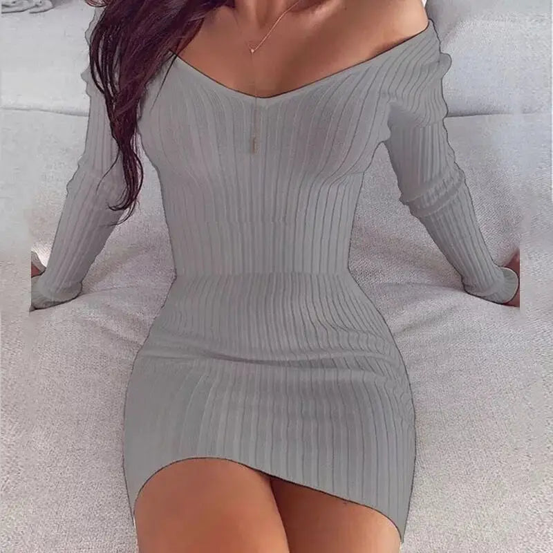 V-Neck Bodycon Dress – Off-Shoulder Long Sleeve Mini Dress for Women