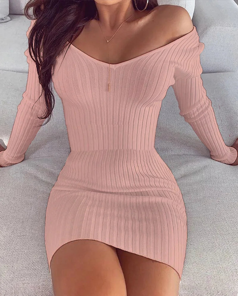 V-Neck Bodycon Dress – Off-Shoulder Long Sleeve Mini Dress for Women