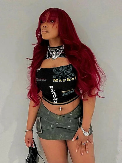 Women’s Hollow Out Letter Print Crop Top – Y2K Aesthetic Short Sleeve Tee