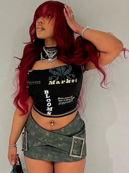 Women’s Hollow Out Letter Print Crop Top – Y2K Aesthetic Short Sleeve Tee