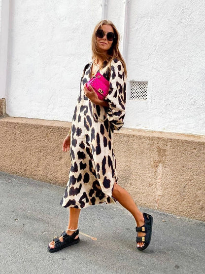Women’s Autumn Bohemian Printed Dress – Lantern Sleeve V-Neck Vacation Dress