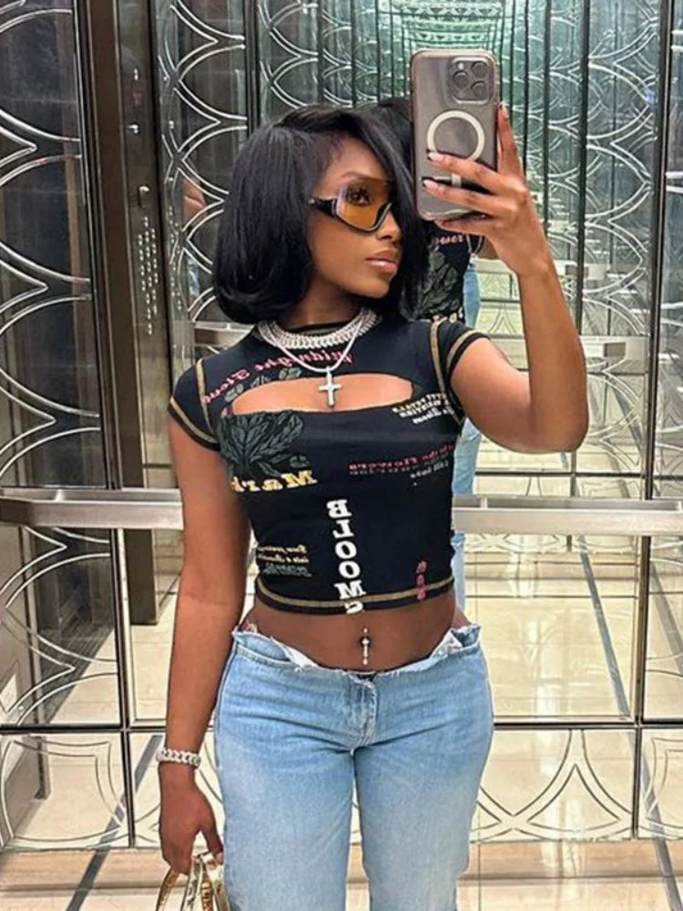 Women’s Hollow Out Letter Print Crop Top – Y2K Aesthetic Short Sleeve Tee