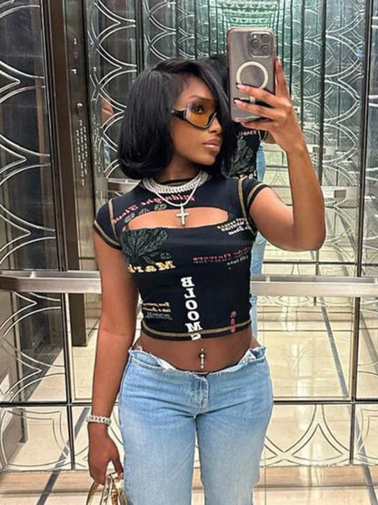 Women’s Hollow Out Letter Print Crop Top – Y2K Aesthetic Short Sleeve Tee
