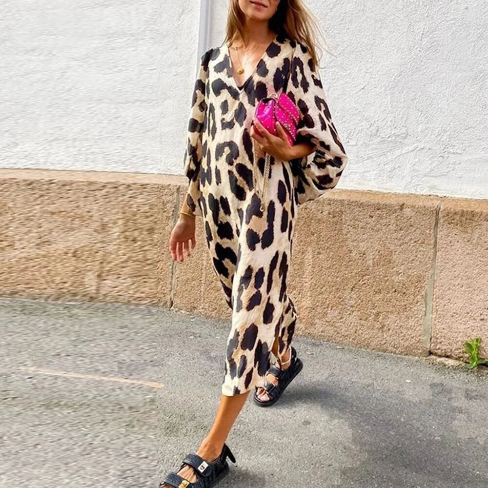 Women’s Autumn Bohemian Printed Dress – Lantern Sleeve V-Neck Vacation Dress