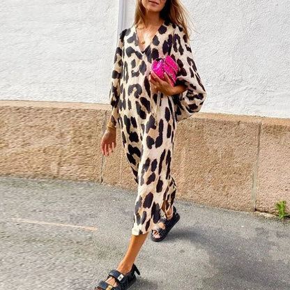 Women’s Autumn Bohemian Printed Dress – Lantern Sleeve V-Neck Vacation Dress