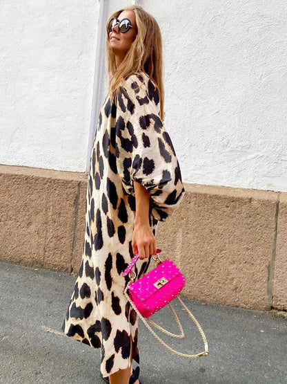 Women’s Autumn Bohemian Printed Dress – Lantern Sleeve V-Neck Vacation Dress